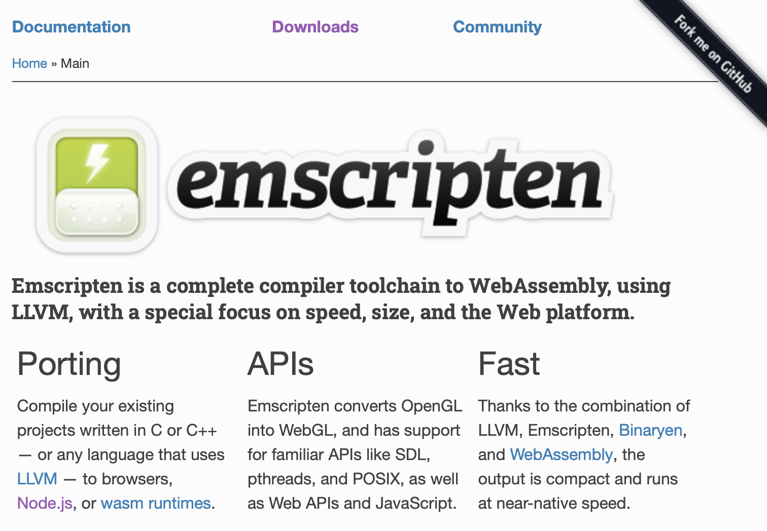 Screenshot of emscripten.org front page