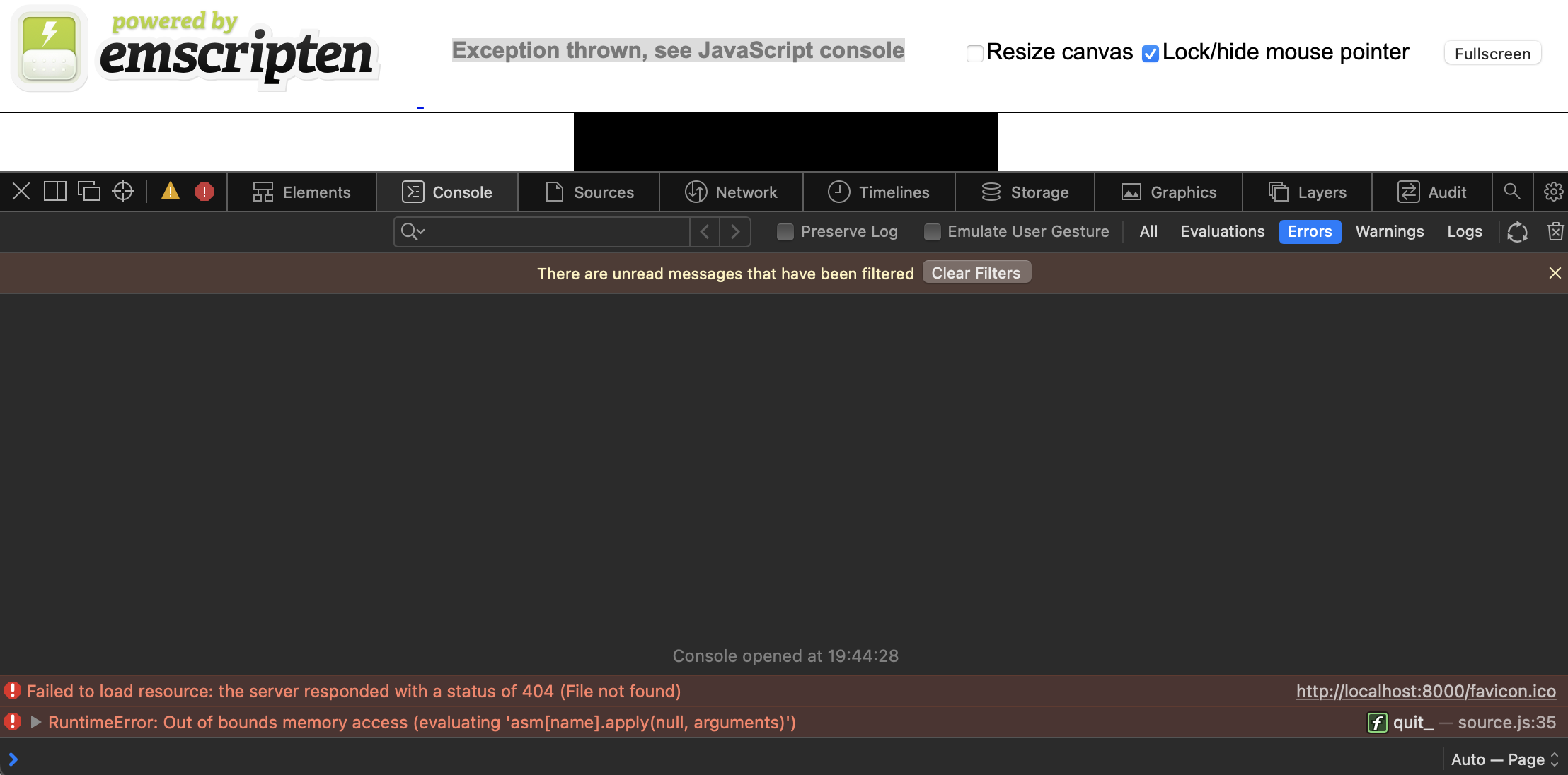 Screenshot of JavaScript console with an error